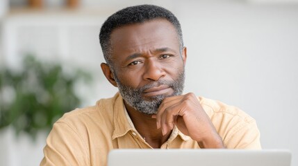 Man Contemplating at Computer Thoughtful Expression