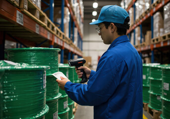 Focused worker in pristine blue uniform scans inventory using handheld scanner amidst rows of neatly stacked green cable reels in a well-organized warehouse.