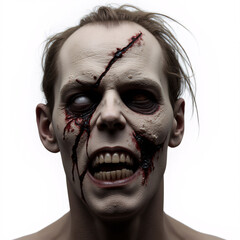 A hauntingly beautiful portrait of a man with zombie-like features, his eyes sunken and skin decaying.