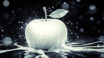 Glowing apple with flowing liquid on a dark background stylized illustration pearly white streaks use for designs related to food health and abstract concepts 