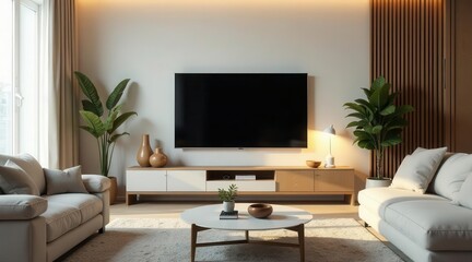 Modern living room interior design featuring a minimalist aesthetic with a flat-screen television, light wood accents, and comfortable seating