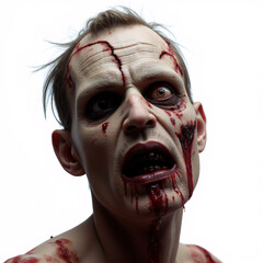 A haunting portrait of a zombie with a grotesque face and bloodshot eyes.