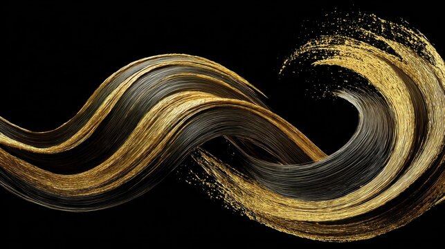 Abstract swirling golden and black paint strokes on black background