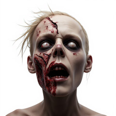 A haunting portrait of a woman with a zombie-like appearance, her skin pale and eyes sunken, surrounded by an aura of eeriness.