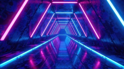 Futuristic Neon Tunnel Corridor with Vibrant Pink and Blue Glowing Lines on Reflective Floor