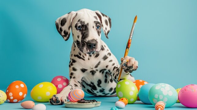 Dalmatian puppy with paintbrush amidst Easter eggs