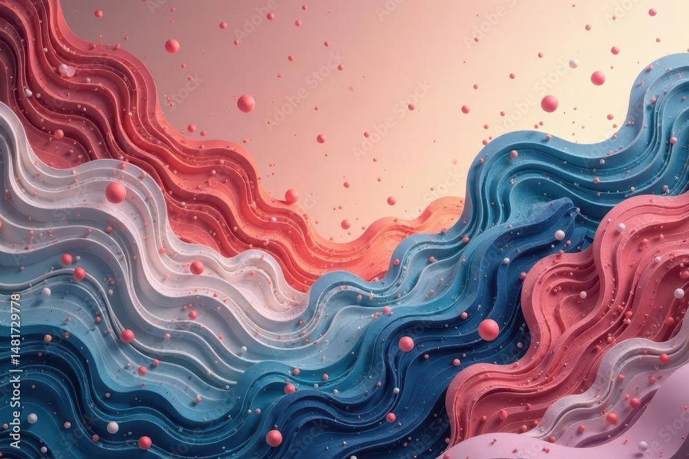 Wall mural abstract pastel waveform with floating spheres a colorful 3d render of intertwined, undulating layer