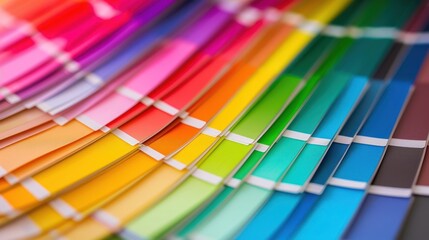 Vivid spectrum of paint chips arranged in a fan pattern, showcasing diverse color palette