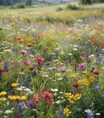 Watercolor painting of a meadow filled with various types of wildflowers, botanical, vibrant, meadow, wildflowers, nature