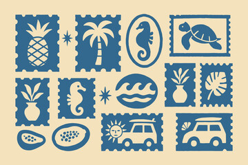 Tropical Travel Stamp Icons – Retro Summer Beach Clipart with Palm Trees, Seahorses, Pineapples, and Surf Vans