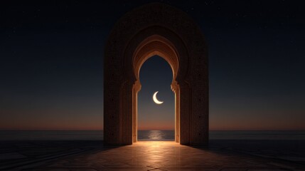 Fototapeta premium A mystical archway opens to a tranquil sea at night