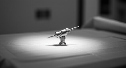 Precision surgical instrument closeup in monochrome, showcasing advanced technology