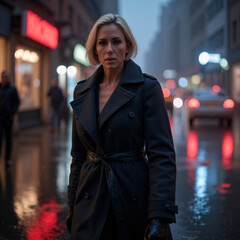The image captures a woman standing in the rain on a city street at night.