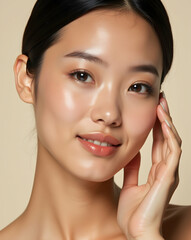 Elegant closeup captures the serene beauty of a self assured woman showcasing flawless skin and radiant health, emphasizing natural grace and confidence