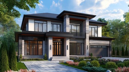 Fototapeta premium Modern Luxury Home Exterior. Beautiful Facade With Stone Elements And Landscaped Garden.