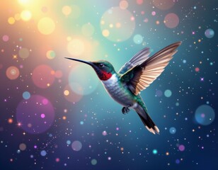 Obraz premium Vibrant Hummingbird in Flight Against Sparkling Bokeh Background