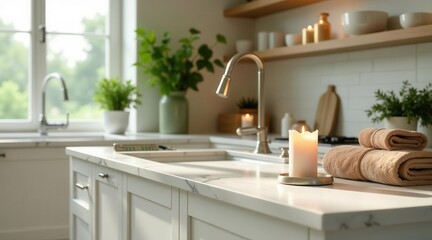Serene Kitchen Countertop with Lit Candle and Folded Towels near a Modern Faucet