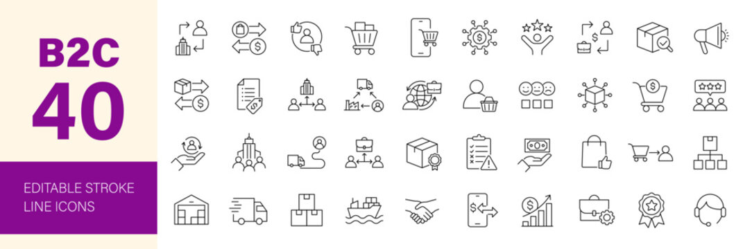 B2C icon set. Business related line icons: customer, service, selling, product, delivery, retailer, cargo, supply chain, e-commerce and more. Editable stroke. Vector illustration.