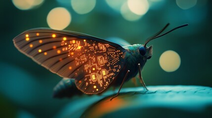 Techno moth with circuit wings detailed close up soft light bokeh background 