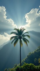 Fototapeta premium Single Palm Tree Silhouetted Against Sunbeams and Lush Mountains