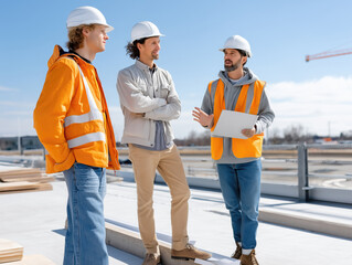 Construction workers discuss project details on a rooftop in bright safety gear