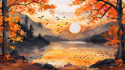 Autumn watercolor landscape vibrant orange watercolor