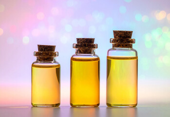 3 glass oil bottles against a shiny soft background.