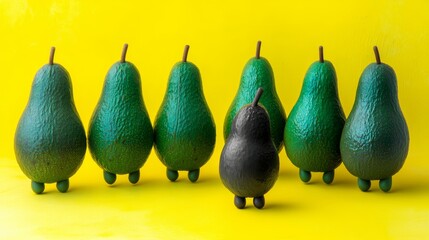 Avocado uniqueness: green fruits on yellow background a healthy food concept featuring monochrome avocado in a row 