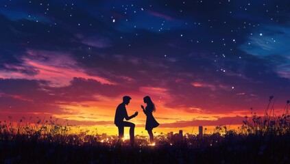Obraz premium romantic proposal under a starlit sky silhouetted couple engagement with city glow in horizon