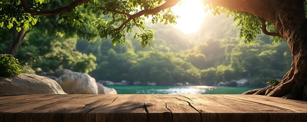 Wooden table, lake, jungle, sunrise, calm