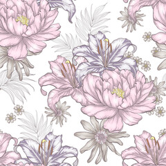 Floral seamless pattern of pink peonies, purple lilies, and delicate palm leaves. The flowers are drawn in a detailed, vintage style and are arranged on a white background