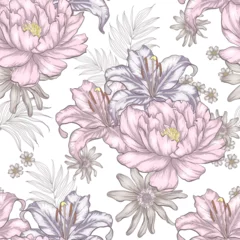 Fototapeten Floral seamless pattern of pink peonies, purple lilies, and delicate palm leaves. The flowers are drawn in a detailed, vintage style and are arranged on a white background © momosama