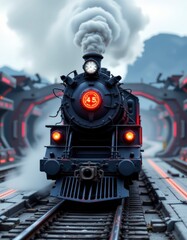 Fototapeta premium Dark Grey Steam Train Emerging from Futuristic Tunnel
