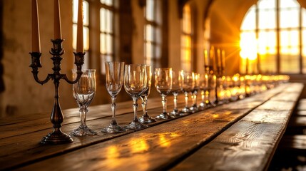 Medieval banquet hall with long wooden table at sunset: goblets and candelabras illuminated by golden light create a warm elegant atmosphere