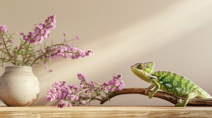 Chameleon amidst flowers, still life