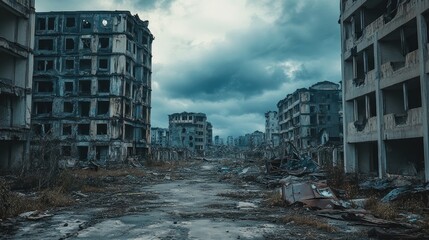Urban Apocalypse. City Landscape After Disaster. Ruined Abandoned Buildings. Concept Of Dystopia.