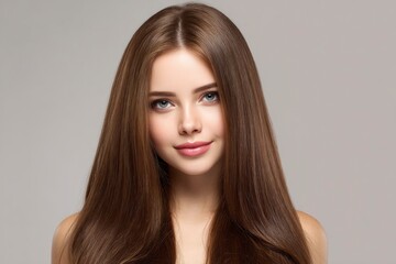 Fototapeta premium Woman with Long Straight Brown Hair Smiling Portrait
