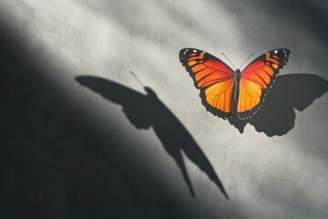 Obraz premium vibrant monarch butterfly casting an elongated shadow creating a sense of ephemeral flight and illusion