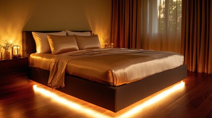 Luxury bedroom interior with silk sheets and ambient lighting 