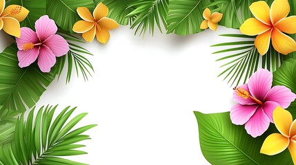 Tropical flowers frame, white background