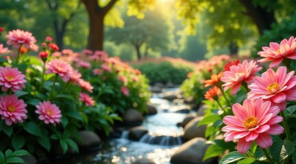 Fototapeta premium Serene garden stream flows gently past vibrant pink blossoms bathed in sunlight, a tranquil oasis of natural beauty