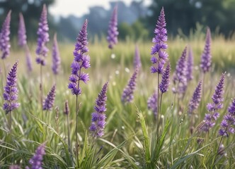 Naklejka premium Whimsical watercolor painting of purple grass flowers with a blurred background, nature, painting
