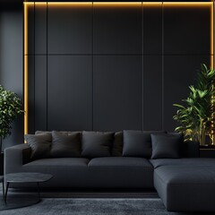Fototapeta premium Modern Living Room with Black Sofa and Plants