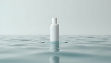 Elegant presentation of a sleek white bottle on rippling water surface symbolizing purity and cleanliness, ideal for showcasing cosmetic or pharmaceutical products