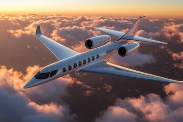 Luxurious jet soaring above clouds at sunset