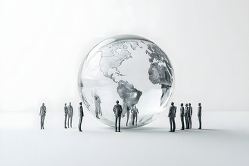 A glass sphere with people standing around it, white background, minimalist style, global vision