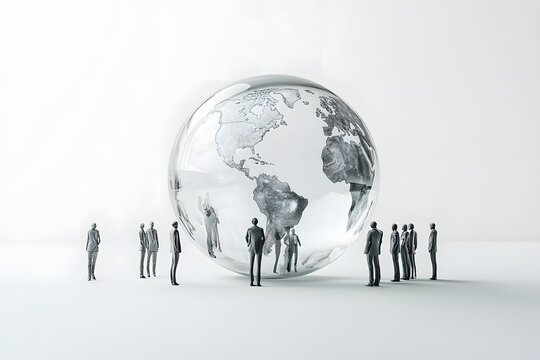 A glass sphere with people standing around it, white background, minimalist style, global vision