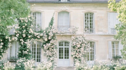 Elegant French Chateau with Blooming Roses
