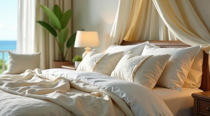 Peaceful morning light illuminates a luxurious bed with soft, cream-colored bedding and decorative pillows