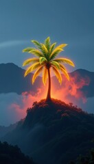 Golden Palm Tree on Hilltop at Sunset, Pixel Art Landscape